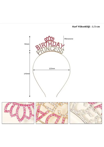 Taşlı Pembe Birthday Princess Yazılı Parti Tacı 19 x 11 cm
