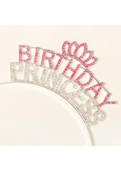 Taşlı Pembe Birthday Princess Yazılı Parti Tacı 19 x 11 cm