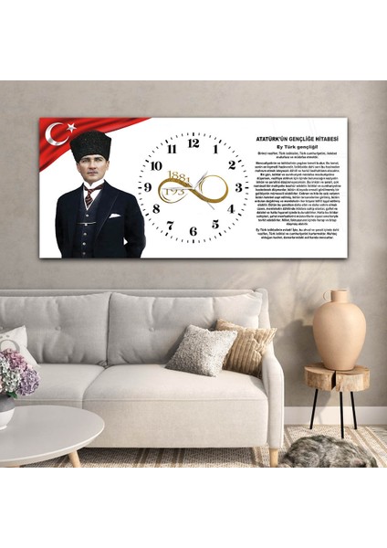 Yatay Ortadan Saatli Vatan Temalı Cam Tablo YSOV023