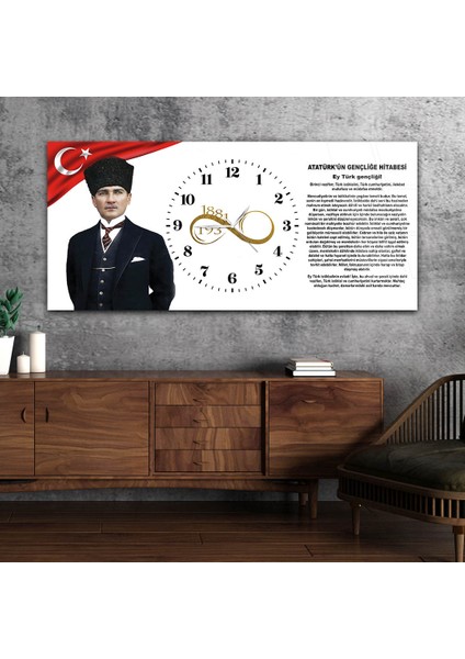 Yatay Ortadan Saatli Vatan Temalı Cam Tablo YSOV023