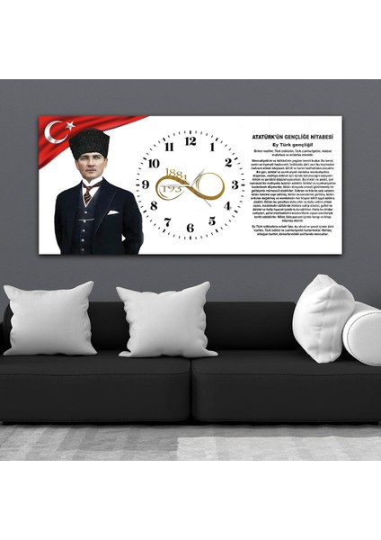 Yatay Ortadan Saatli Vatan Temalı Cam Tablo YSOV023