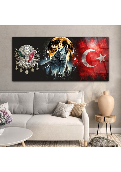 Yatay Saatli Ortadan Vatan Temalı Cam Tablo YSOV159