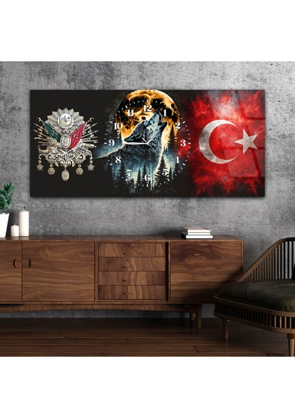 Yatay Saatli Ortadan Vatan Temalı Cam Tablo YSOV159