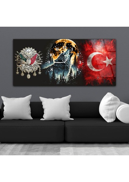 Yatay Saatli Ortadan Vatan Temalı Cam Tablo YSOV159