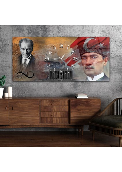 Türk Bayrağı , Atatürk Ve anıtkabir Saatli Cam Tablo YSOV068