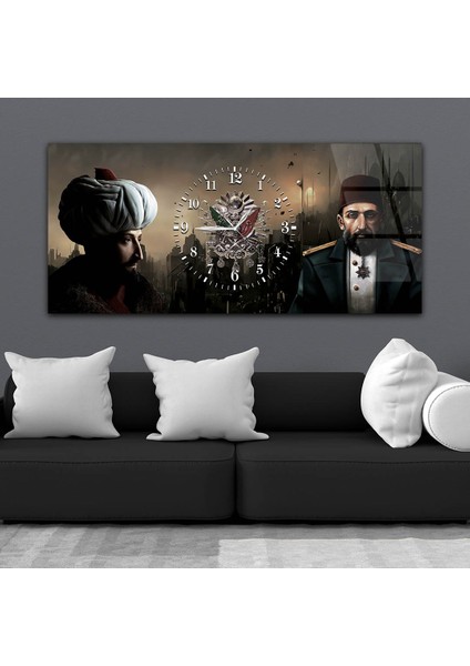 Fatih Sultan Mehmet Han Abdülhamit Han ve Osmanlı Tuğralı Saatli Cam Tablo YSOV076