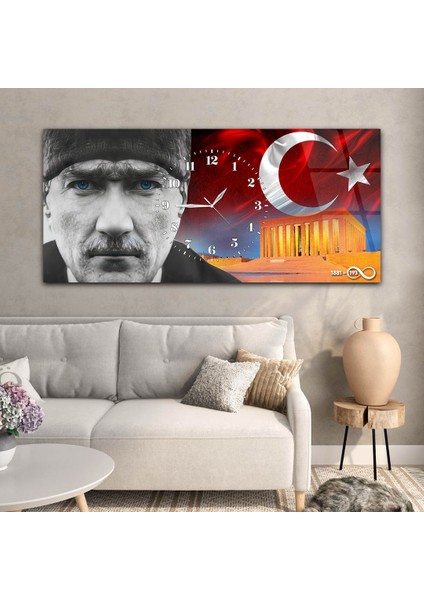 Yatay Saatli Ortadan Vatan Temalı Cam Tablo YSOV160