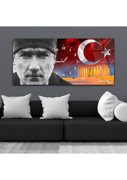 Yatay Saatli Ortadan Vatan Temalı Cam Tablo YSOV160