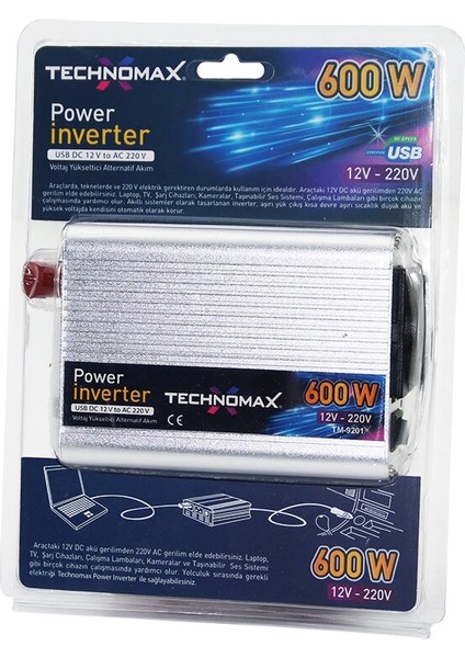 Power Inverter Güç Çevirici 600W 12V-220V Dc-Doğru Akımı--Ac-Alternatif Akıma Çevirir TM-9201