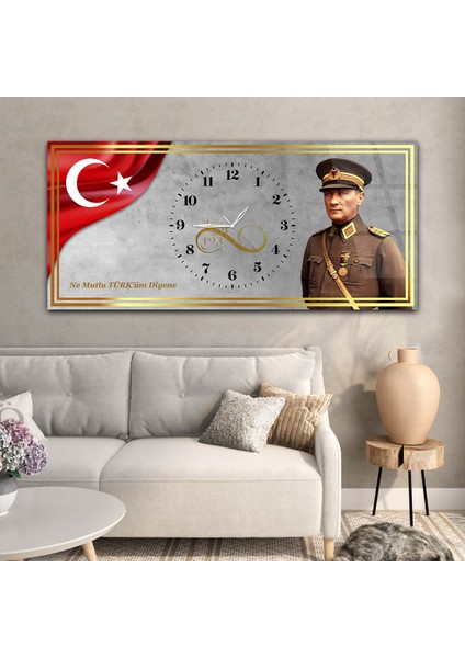Yatay Saatli Ortadan Vatan Temalı Cam Tablo YSOV142