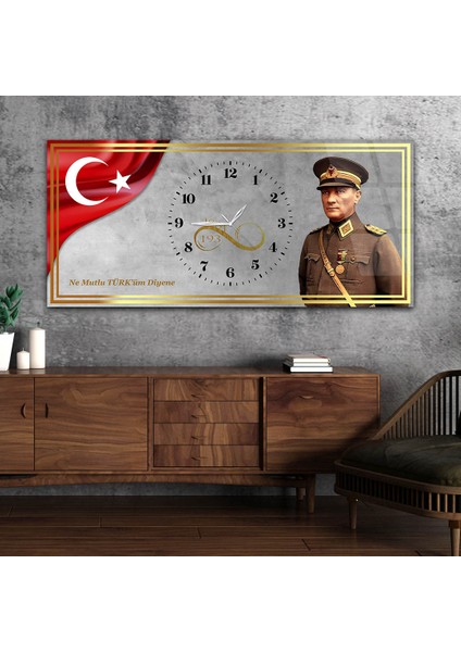 Yatay Saatli Ortadan Vatan Temalı Cam Tablo YSOV142
