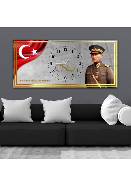 Yatay Saatli Ortadan Vatan Temalı Cam Tablo YSOV142