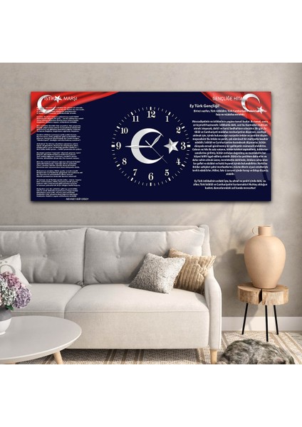 Yatay Ortadan Saatli Vatan Temalı Cam Tablo YSOV006