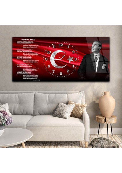 Yatay Saatli Ortadan Vatan Temalı Cam Tablo YSOV168