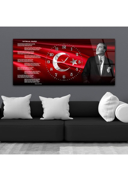 Yatay Saatli Ortadan Vatan Temalı Cam Tablo YSOV168 modelleri