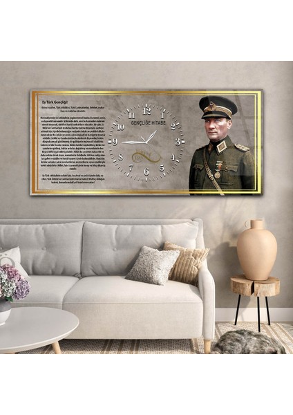 Askeri Kıyafetli Mustafa Kemal Atatürk ve Gençliğe Hitabesi Saatli Cam Tablo YSOV042
