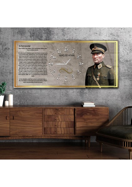 Askeri Kıyafetli Mustafa Kemal Atatürk ve Gençliğe Hitabesi Saatli Cam Tablo YSOV042