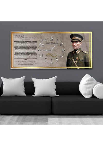Askeri Kıyafetli Mustafa Kemal Atatürk ve Gençliğe Hitabesi Saatli Cam Tablo YSOV042