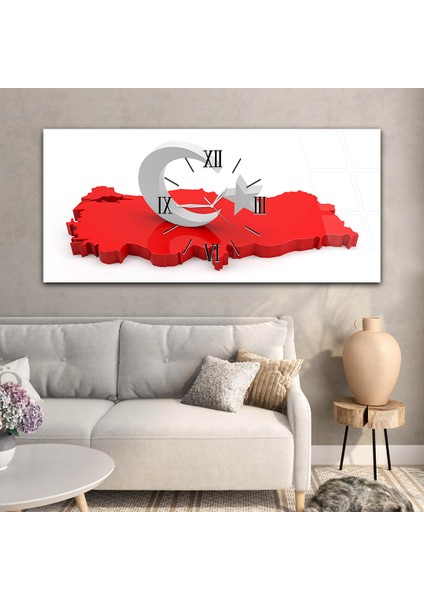 Kırmızı Türkiye Haritası ve Ay-Yıldız Yatay Ortadan Saatli Vatan Temalı Cam Tablo YSOV081