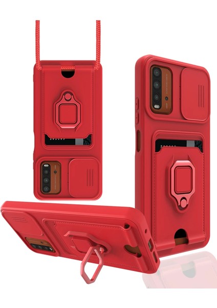 Xiaomi Redmi 9t Kılıf Zuma Kartvizitli Yüzüklü Silikon - Kırmızı Ferrg
