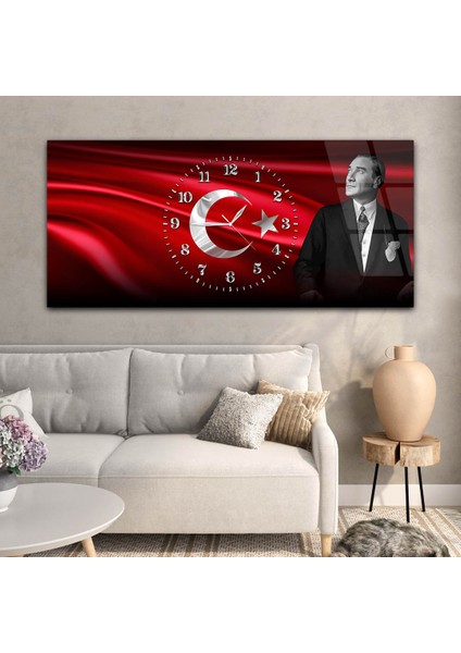 Yatay Saatli Ortadan Vatan Temalı Cam Tablo YSOV167