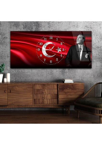 Yatay Saatli Ortadan Vatan Temalı Cam Tablo YSOV167 fiyatları