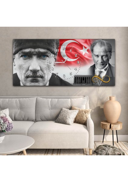 Yatay Saatli Ortadan Vatan Temalı Cam Tablo YSOV155