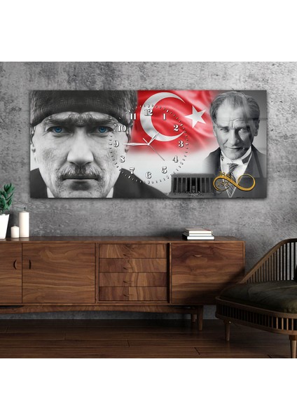 Yatay Saatli Ortadan Vatan Temalı Cam Tablo YSOV155