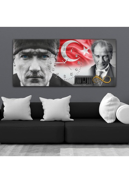 Yatay Saatli Ortadan Vatan Temalı Cam Tablo YSOV155