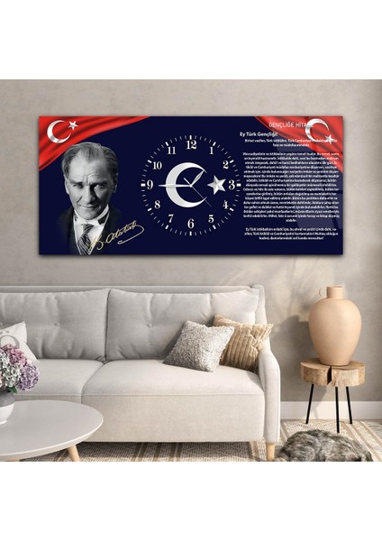 Yatay Ortadan Saatli Vatan Temalı Cam Tablo YSOV008