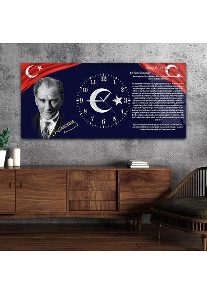 Yatay Ortadan Saatli Vatan Temalı Cam Tablo YSOV008