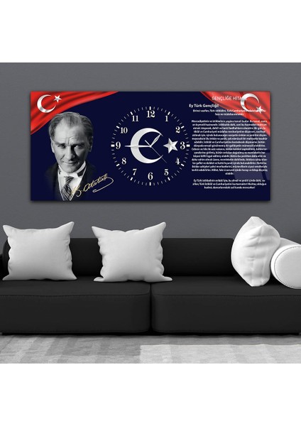 Yatay Ortadan Saatli Vatan Temalı Cam Tablo YSOV008