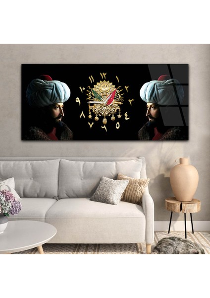 Fatih Sultan Mehmet ve Osmanlı Tuğralı Saatli Cam Tablo YSOV078