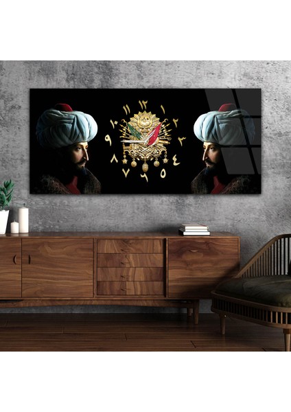 Fatih Sultan Mehmet ve Osmanlı Tuğralı Saatli Cam Tablo YSOV078