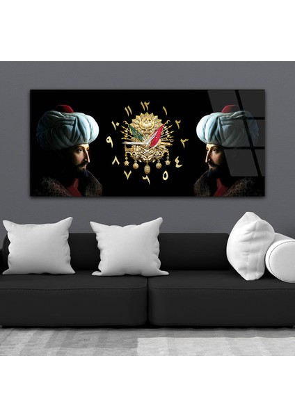 Fatih Sultan Mehmet ve Osmanlı Tuğralı Saatli Cam Tablo YSOV078
