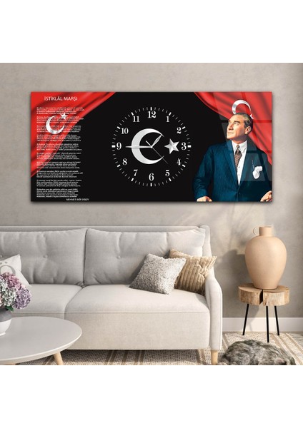 Yatay Ortadan Saatli Vatan Temalı Cam Tablo YSOV007