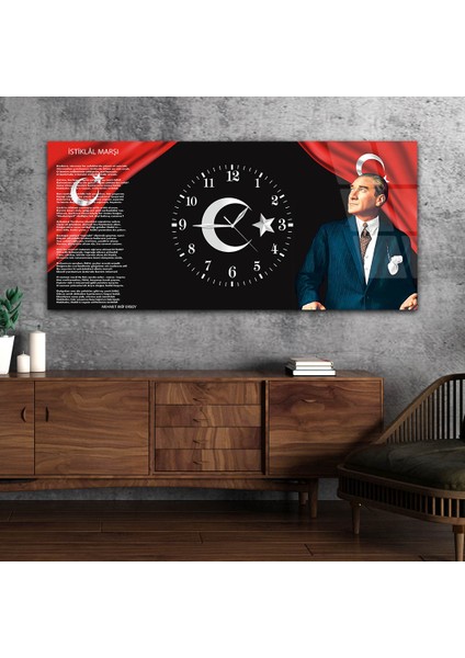 Yatay Ortadan Saatli Vatan Temalı Cam Tablo YSOV007