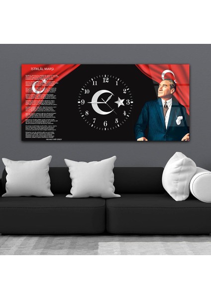 Yatay Ortadan Saatli Vatan Temalı Cam Tablo YSOV007