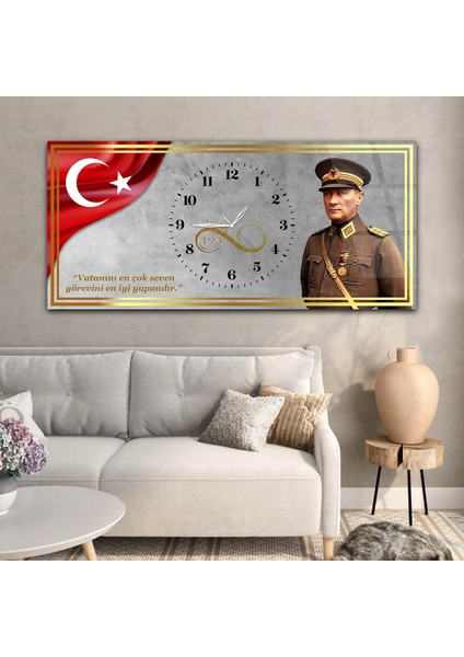 Yatay Saatli Ortadan Vatan Temalı Cam Tablo YSOV143
