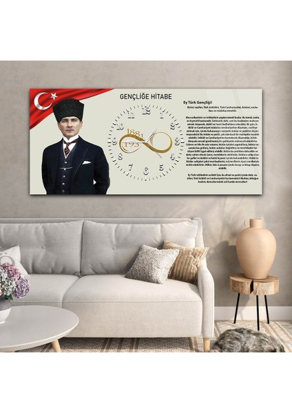 Yatay Ortadan Saatli Vatan Temalı Cam Tablo YSOV024