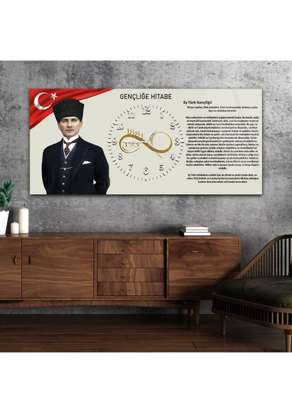 Yatay Ortadan Saatli Vatan Temalı Cam Tablo YSOV024
