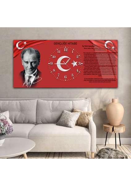 Yatay Ortadan Saatli Vatan Temalı Cam Tablo YSOV011