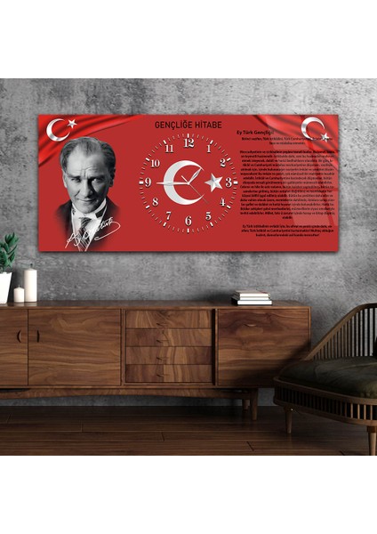 Yatay Ortadan Saatli Vatan Temalı Cam Tablo YSOV011