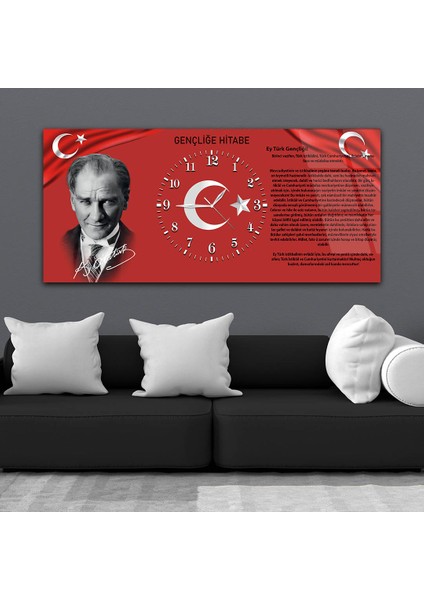 Yatay Ortadan Saatli Vatan Temalı Cam Tablo YSOV011