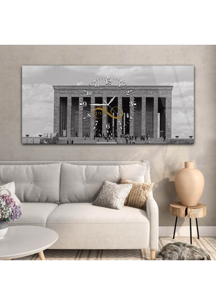Anıtkabir ve Sonsuz 1881-1938 Yazılı Yatay Ortadan Saatli vatan Temalı Cam Tablo YSOV059
