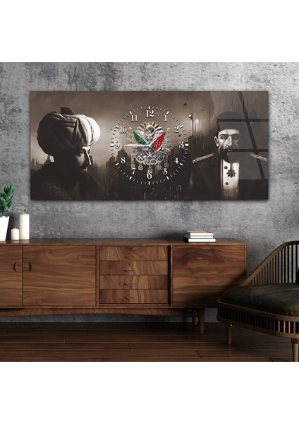 Abdulhamid Han , Fatih Sultan Mehmet Han ve Osmanlı Tuğralı Saatli Cam Tablo YSOV075