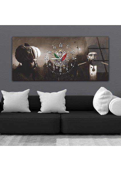 Abdulhamid Han , Fatih Sultan Mehmet Han ve Osmanlı Tuğralı Saatli Cam Tablo YSOV075
