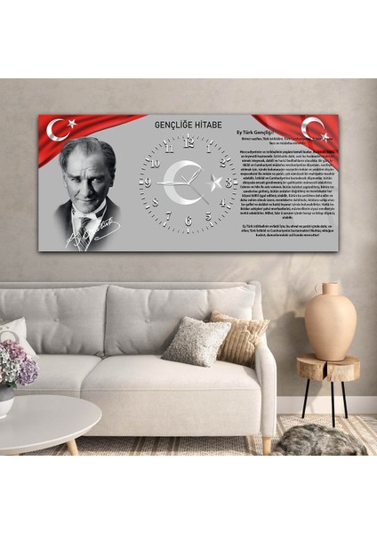 Yatay Ortadan Saatli Vatan Temalı Cam Tablo YSOV010