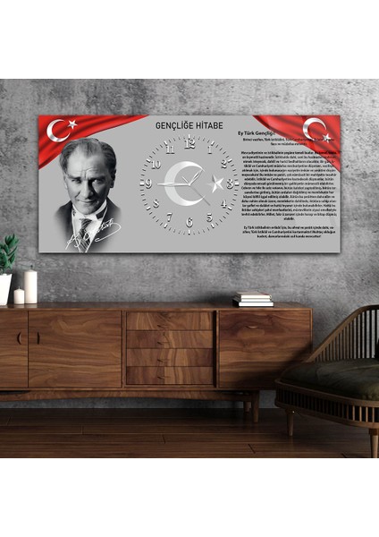 Yatay Ortadan Saatli Vatan Temalı Cam Tablo YSOV010