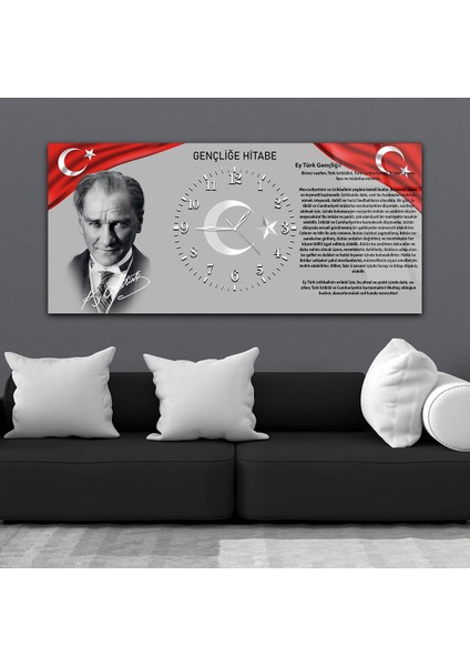 Yatay Ortadan Saatli Vatan Temalı Cam Tablo YSOV010